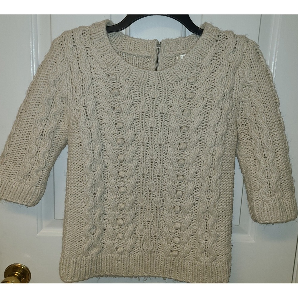 Kaisley Women's Size Lg Beige Sweater 3/4 Sleeve Cable Knit Zipper back‎ Irish